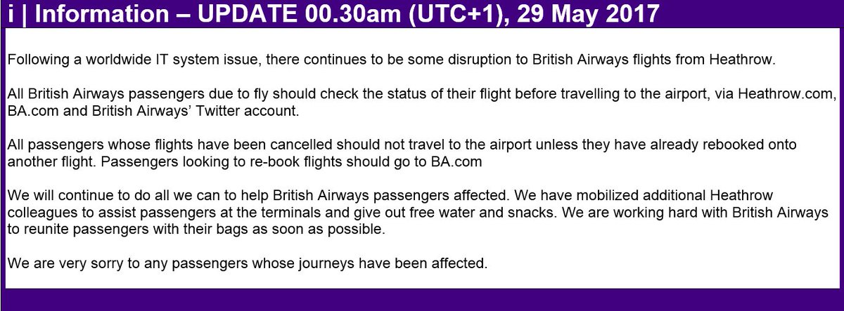 HeathrowAirport's tweet photo. UPDATE | There continues to be some disruption to @British_Airways
flights. Please check flight status at https://t.co/U0E2EhZv1P https://t.co/14qM5fsgi9