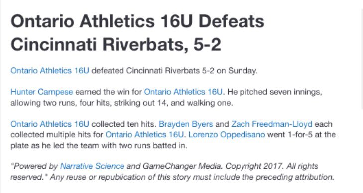 Coach_LVera's tweet photo. Ontario Athletics 16U Defeats Cincinnati Riverbats, 5-2

@HunterCampese with 14 K's. @OntarioAs are off to the semi finals 

@CABA_LEAGUE_ https://t.co/6cLeCUcEHb