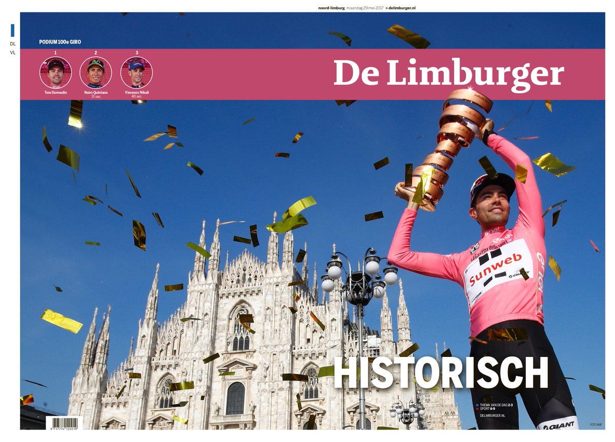 delimburger's tweet photo. Morgen zal onze krant er iets anders uitzien dan normaal en dat heeft alles te maken met de historische Giro-overwinning van Tom #wikkel https://t.co/SeEvECTz6k