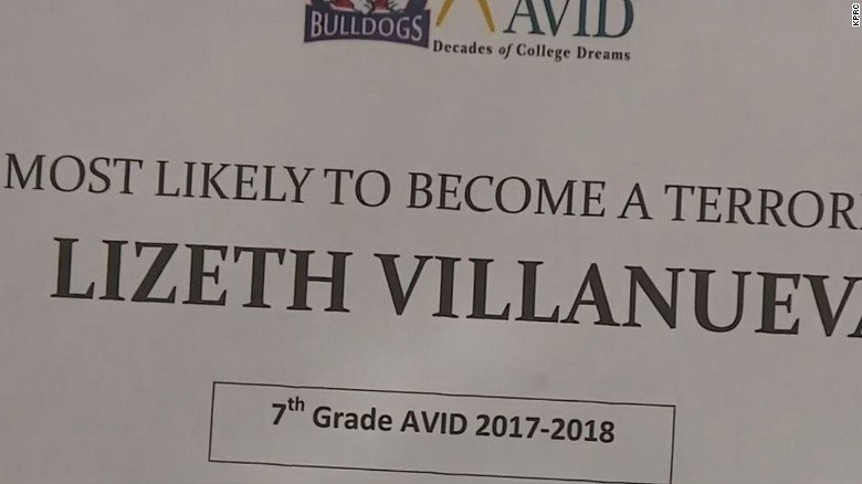 CNN's tweet photo. A Texas teacher presented a 7th-grade student with a 'Most Likely to Become a Terrorist' certificate https://t.co/1T8IShteVp https://t.co/9oiSPSCqE3