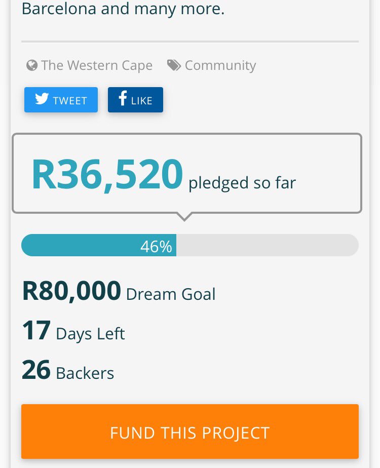 We have hit R36520 in almost 2 weeks.
Please support us &amp; help us to hit our goal. 
Go to: thundafund.com/project/swiss17