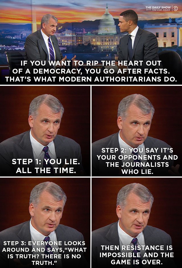 TheDailyShow's tweet image. .@TimothyDSnyder, author of "On Tyranny," outlines the steps of dismantling a democracy.

►Full interview: on.cc.com/2qLBWFE