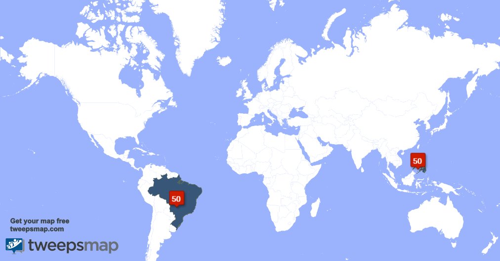 XArkadyX's tweet photo. My followers live in Philippines (50%), Brazil(50%)... Get your free map: https://t.co/sfNdaljqVz https://t.co/BfDY54cZdK