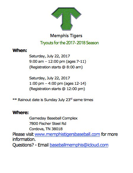 MBAMEMPHIS's tweet photo. Tryouts date posted for the 2017-2018 Memphis Tigers 7s-14s!! @Baseballmemphis https://t.co/HUwoswF2D6