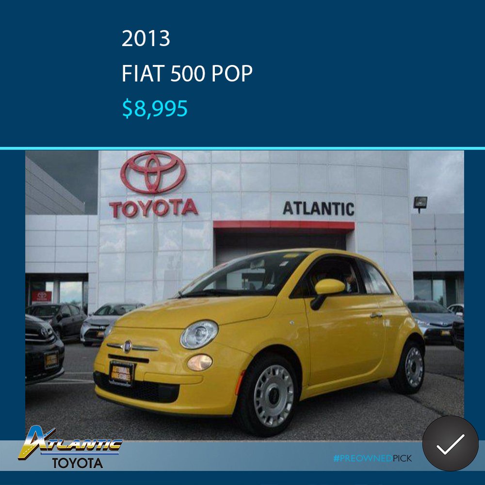 AtlanticToyota's tweet photo. #PreownedPick Today's Pick is a 2013 Fiat 500 Pop! Ultra low miles, cool color combo, fun to drive ride! 

https://t.co/mvIxjFL2PS https://t.co/XtdFyREvcC