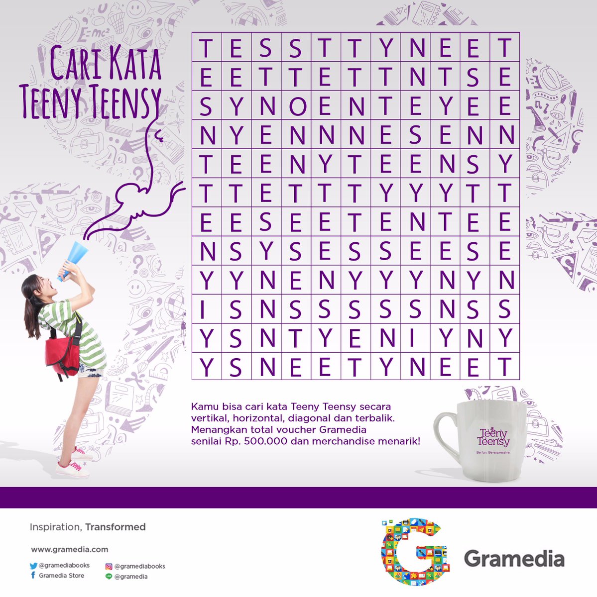 gramedia's tweet photo. Cari kata Teeny Teensy dan dapatkan voucher Gramedia. Syarat wajib follow Twitter @TeenyTeensy! https://t.co/iimq0SGVDB