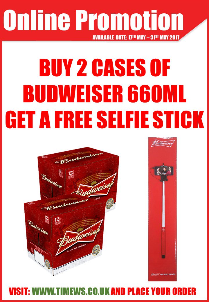 TimeWS100's tweet image. Online Exclusive Promotion: 

Get a Free Budweiser Selfie Stick.

Visit: timews.co.uk