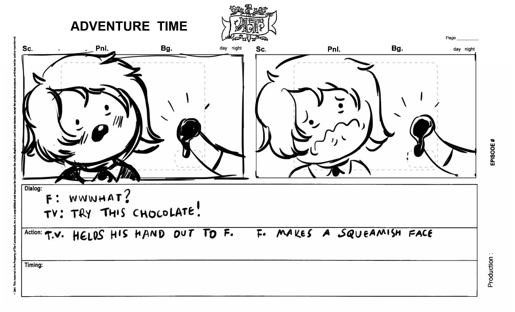 a peek from several monthes ago when i tried at #adventuretime storyboards) it was a noir story called 'the malteser penguin' 