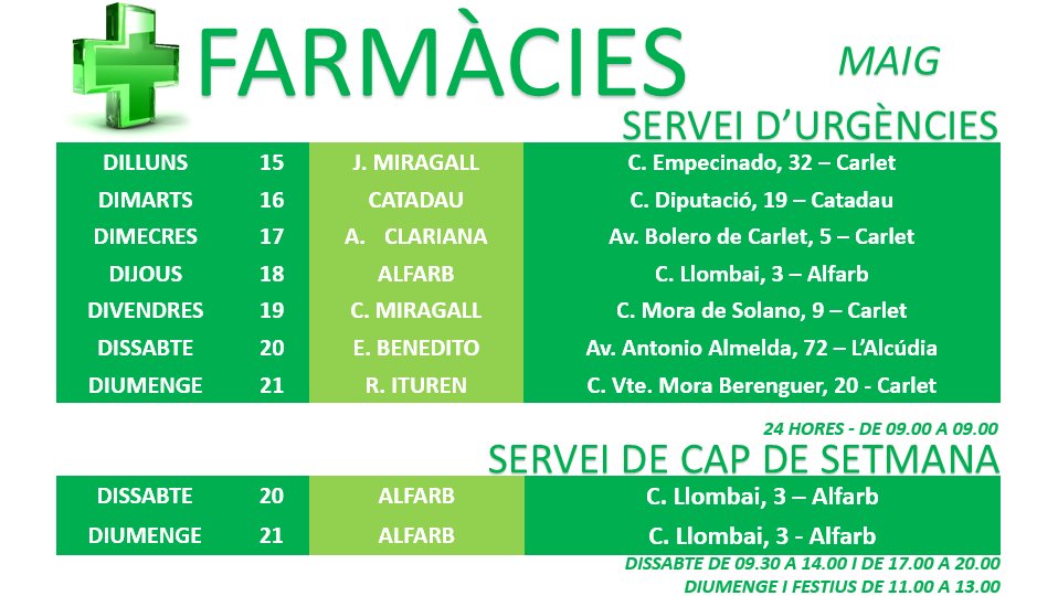AjCatadau's tweet photo. Horari del Servei d'Urgències i del Servei de Cap de Setmana de les farmàcies. https://t.co/edE6PRVwKh