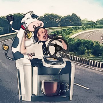 TouSimplemenJoe's tweet photo. @SousEcoute 
@MikeWardca 
@Patersontweets driving a Keurig with a cow https://t.co/tLPOlpsErN
