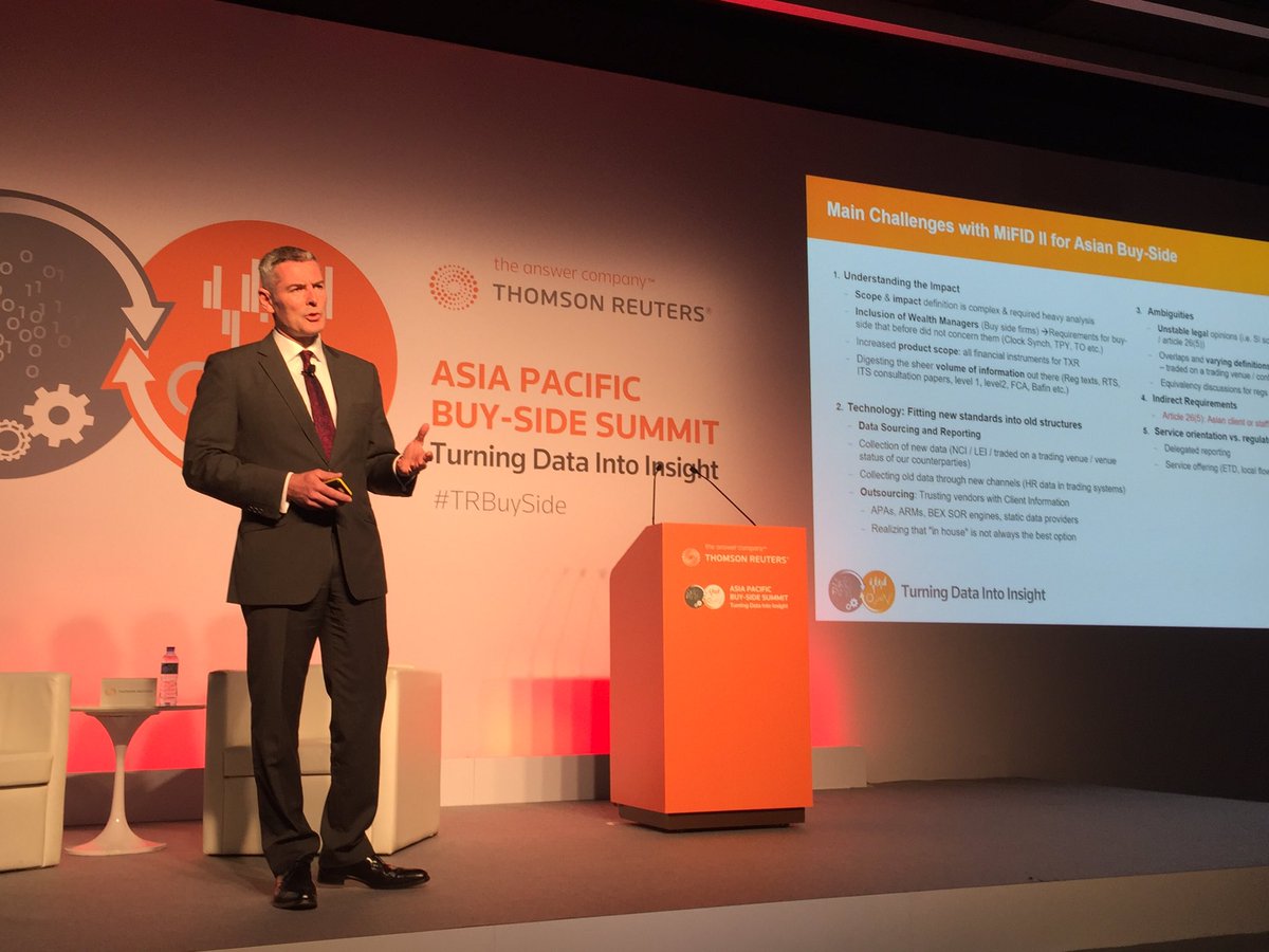 Fintech_Brennan's tweet photo. Head of regulatory proposition strategy for @thomsonreuters, @john_bmason explains the impact of @mifidii at #TRBuySide Hong Kong https://t.co/vEFwH8k0eo