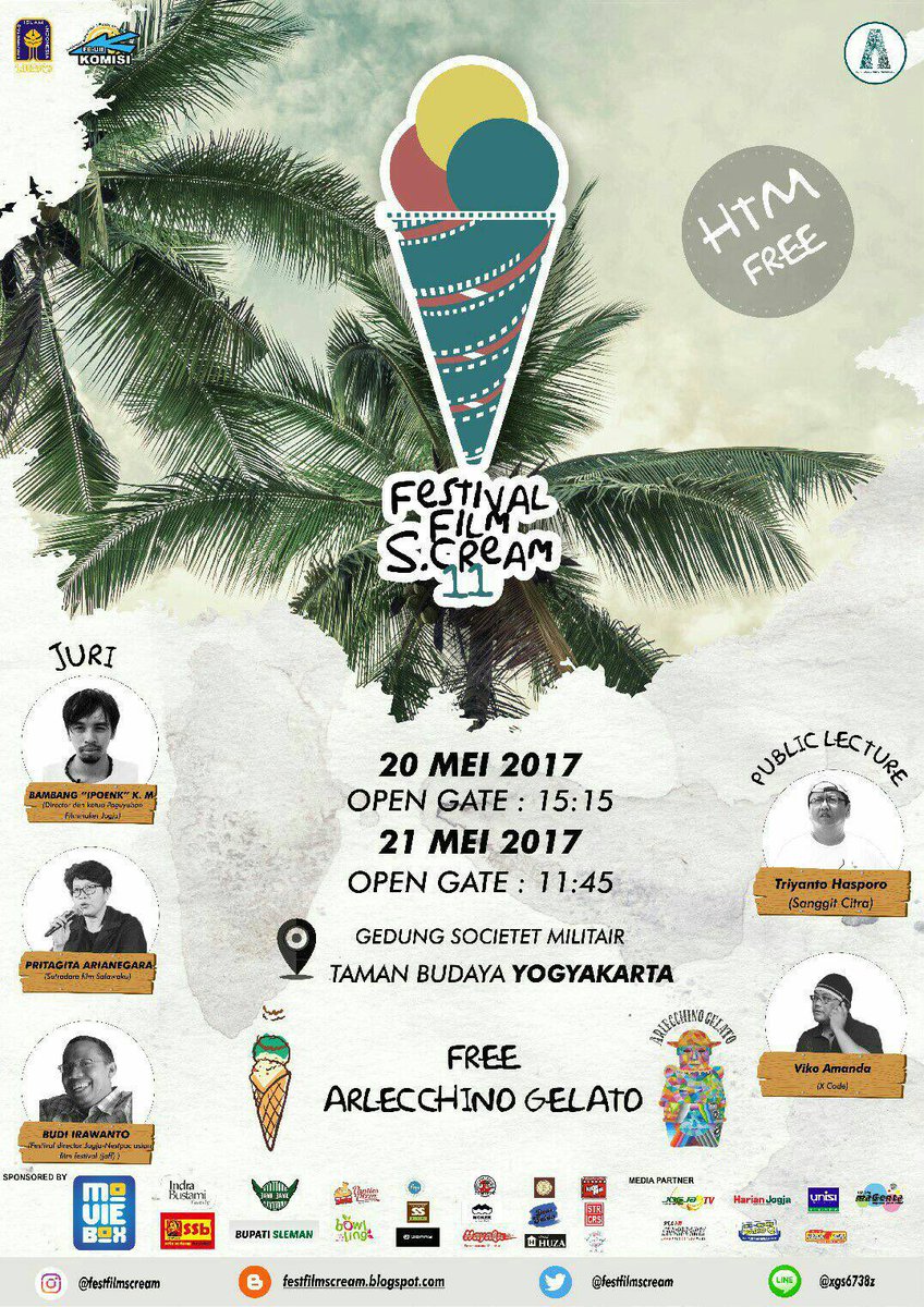 🎥FESTIVAL FILM SCREAM 11🎥
📆 20 dan 21 Mei 2017
🏤 Gedung Societet (Taman Budaya Yogyakarta)
💰FREE HTM💰
🍦FREE GELATO🍦
Semua org blh datang😍👇