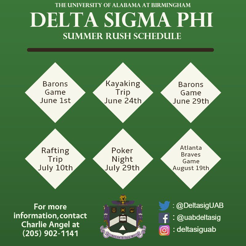 DeltaSigUAB's tweet photo. For anyone interested in greek life at UAB, contact our Rush Chair, Charlie Angel for any info or questions about our summer rush events! https://t.co/Ur4ICH6HLV