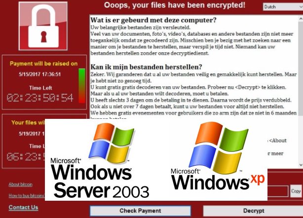 Auxzenze's tweet photo. Let op!! 
-Windows XP (support 4-2014 einde)
-Windows Server 2003 (support 7-2015 einde)
@Auxzenze verzorgt uw upgrade
#Cybercrime #WannaCry https://t.co/Q2rXNLAUUM
