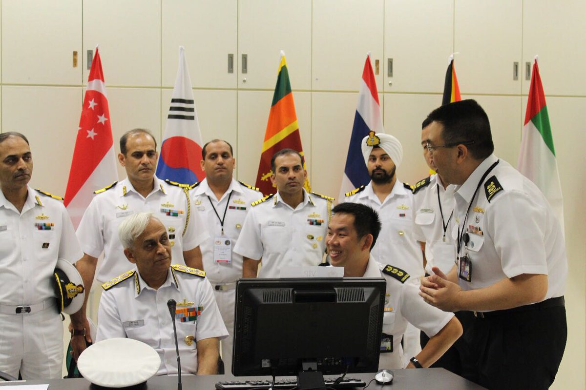 indiannavy's tweet photo. @SpokespersonMoD @IndiainSingapor @sachinseq @JawedAshraf5 @airnewsalerts @HQ_IDS_India @DDNewsLive @PIB_India @PMOIndia #BridgesofFriendship #RSN50 #IMR #ActEastPolicy Admiral S Lanba CNS witnessing the ongoing MARISX 2017 https://t.co/dK4LM4BWkm
