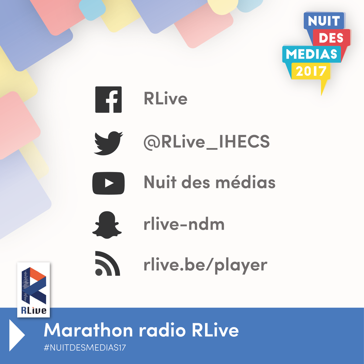 RLive_IHECS's tweet photo. Retrouvez nous sur tous nos réseaux sociaux pour suivre le marathon RLive à la #nuitdesmedias17 https://t.co/dBzF9Tf5f4
