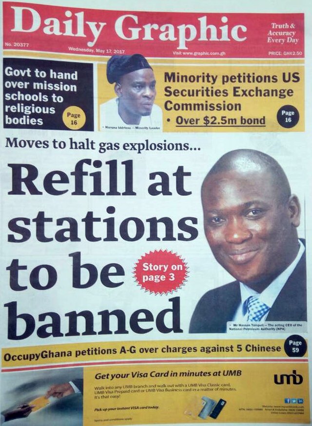 Citi973's tweet image. Daily Graphic: Moves to halt gas explosions - Refill at stations to be banned  #CitiCBS