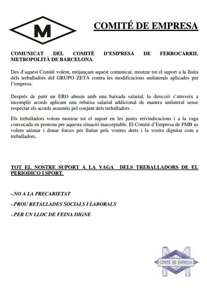 CGTmetroBCN's tweet photo. Solidaritat i suport amb el treballadors i el @ComitePeriodico en les seves justes reivindicacions. Endavant #HuelgaPeriodico #vagametro https://t.co/YFsWfT4vLd