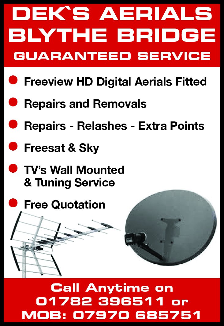 DEK's aerials are a family run digital TV aerial business in Blythe Bridge which has been established for over 40 years.