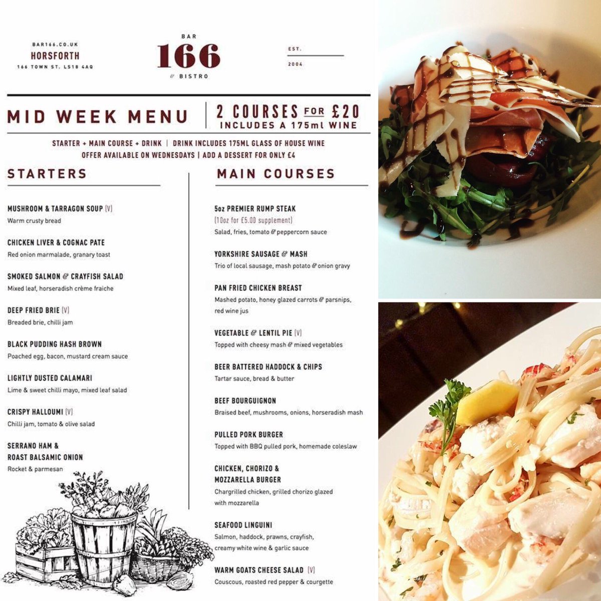 bar166bistro's tweet photo. Midweek Menu on at 166 tonight 2 courses +wine £20! #midweekmadness #midweekdeals #wine #goodfood #delicious #leeds #horsforth #bar166 https://t.co/IqnoPAOfaz