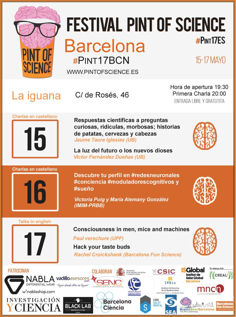 BrainBeerBCN's tweet photo. Després de @vickypuig @DR4Q i @MariaAlemanyG avui @PaulVerschure de @SPECS_lab i @rl_cruickshank per tancar #pint17ES #pint17bcn 🍻👩‍🔬👨‍🔬 https://t.co/I5nycV0O5c