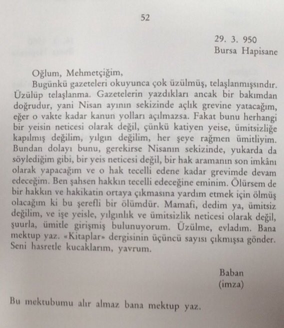 Açlık grevi öncesi, Nazım Hikmet'ten oğlu Mehmet Fuad'a...