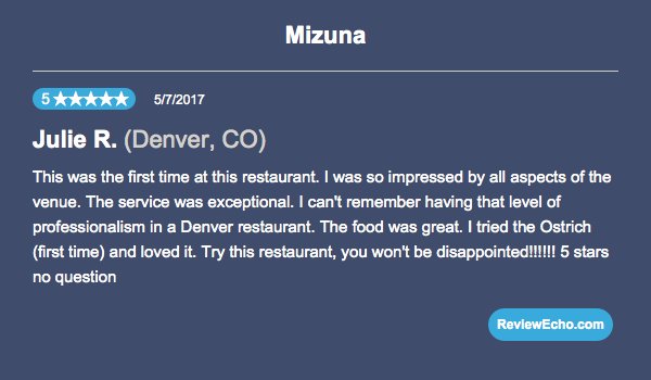 ReviewEchoApp's tweet photo. @MizunaDining Check out this great review! https://t.co/1IcffNR1oa