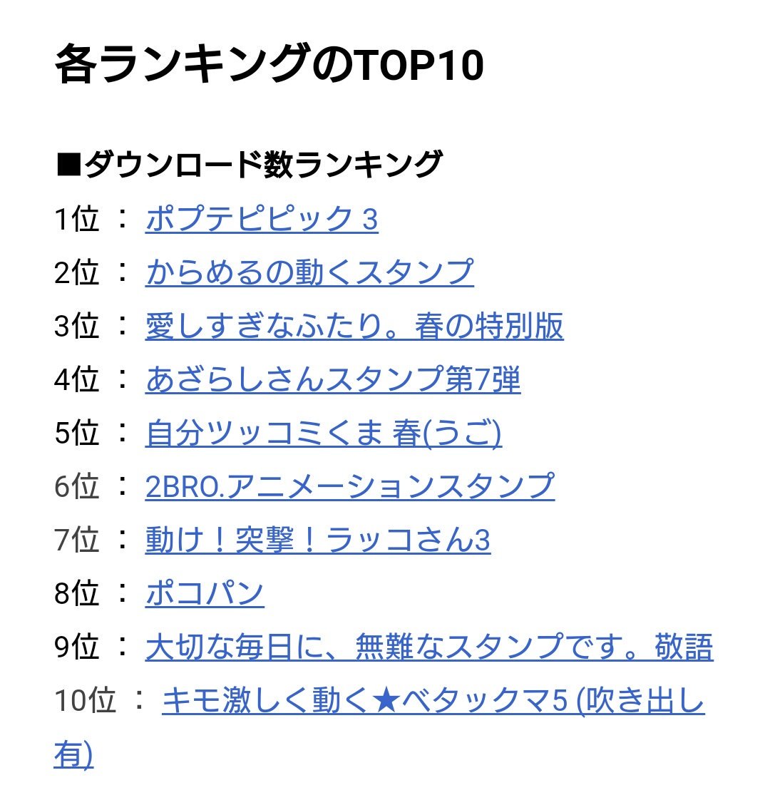 からめる 4月のスタンプランキングで動くスタンプ部門で１位になってました ありがとうございます でもダウンロード数はポプテピピックに負けた強い おめでとうございます また近々作りますんでよろしくお願いしますます