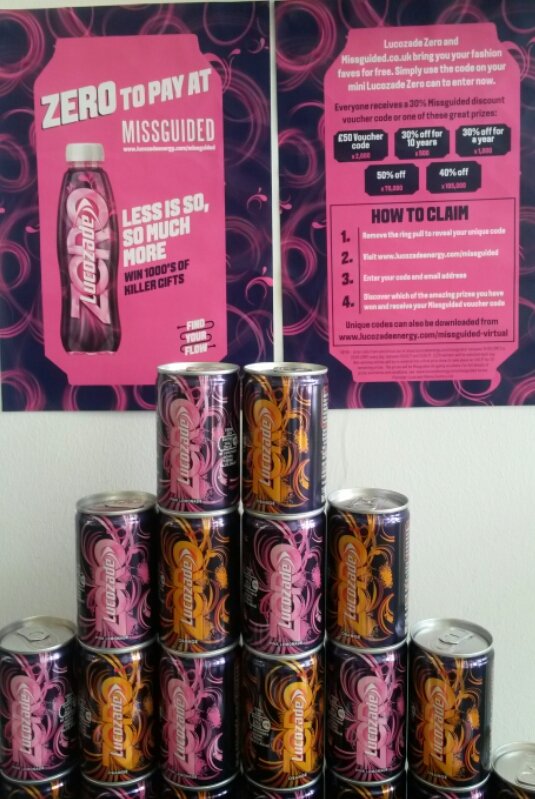 edcollres's tweet image. Fab goodies from@Missguided up for grabs with these cans of@LucozadeEnergy from @diginbox!  Get yours in the common room now! #CRMStudents