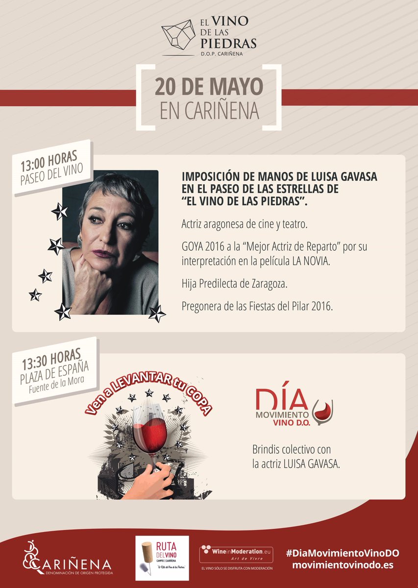 Este sábado tienes una cita en Cariñena,¡celebramos el Día <a href="/MoVinoDO/">Movimiento Vino D.O.</a> !
Brindis colectivo con la actriz Luisa Gavasa 🍷 
#DiaMovimientoVinoDO