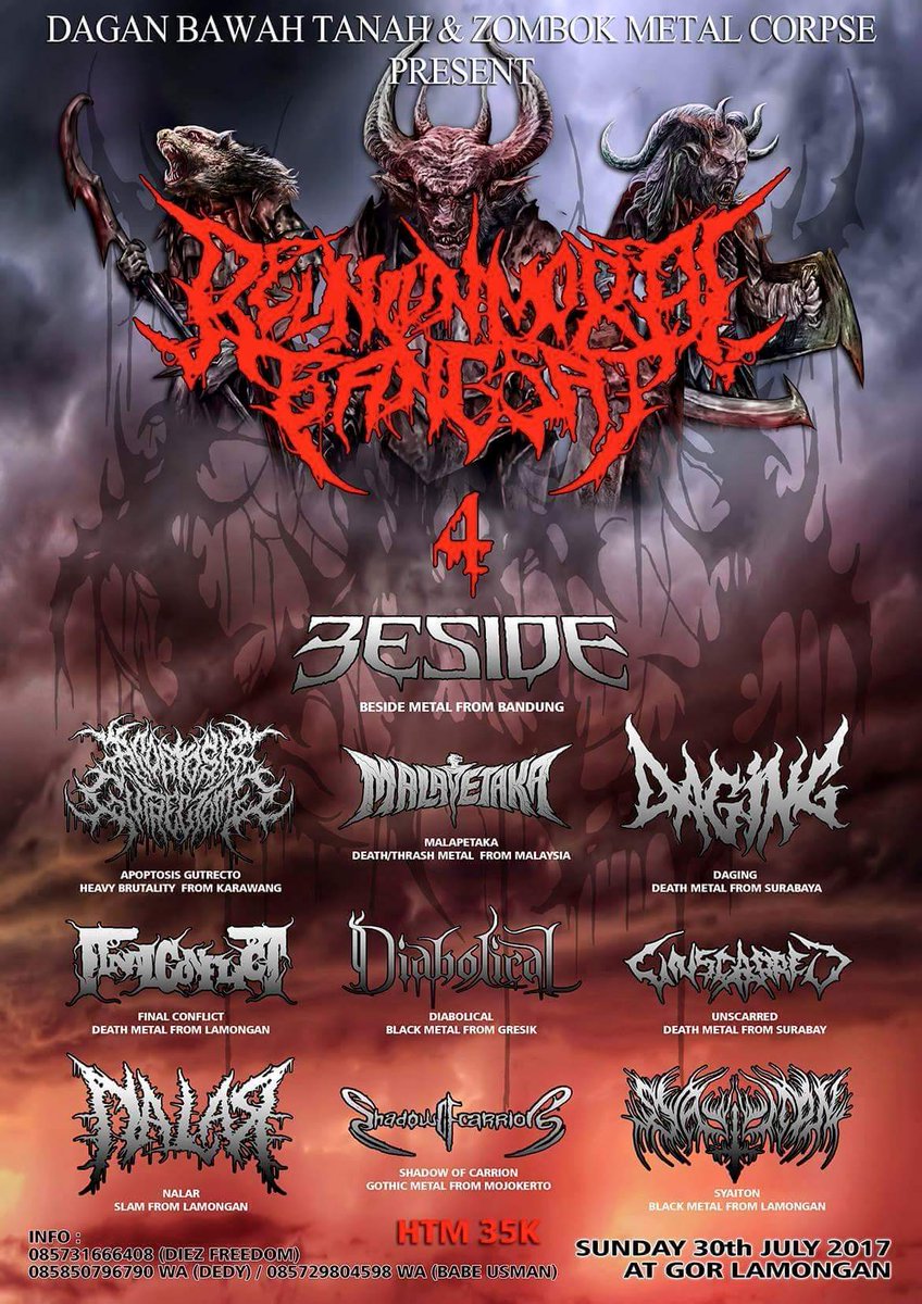 VickyCadaffer's tweet photo. Dagan Bawah Tanah &amp; Zombok Metal corpse 
Present
REUNION MORAL BANGSAT #4
Minggu, 30 Juli @GOR LAMONGAN
HTM : 35K https://t.co/d5266779EQ