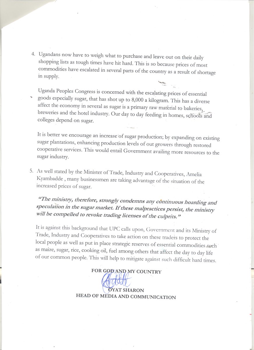 UPC Press Release addressing various issues ranging from the Toroma Elections, rising prices of sugar among others. See attached