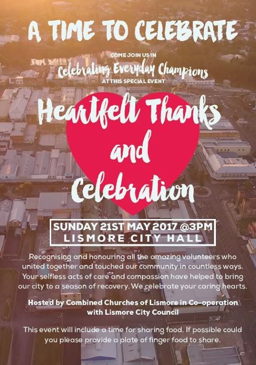 LisHelpingHands's tweet photo. Another event on this Sunday.

#Celebration #Thanks #Lismore #RestartTheHeart #BringLismoreTogether #LismoreHelpingHands #NorthernRivers https://t.co/NpoZs8aLhn