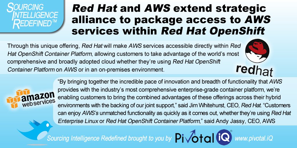 <a href="/RedHatNews/">Red Hat News</a> &amp; <a href="/awscloud/">Amazon Web Services</a> extend #strategic #alliance to package access to #AWS services within #RedHat  #OpenShift - pivotal.iQ