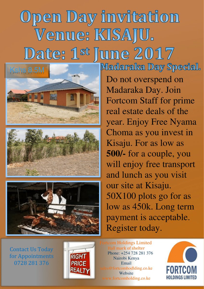 Fortcomholdings's tweet photo. Dont miss an amazing opportunity to invest in prime real estate plots this year. Join us for our open day on 1st June In ISINYA https://t.co/phe378owAP
