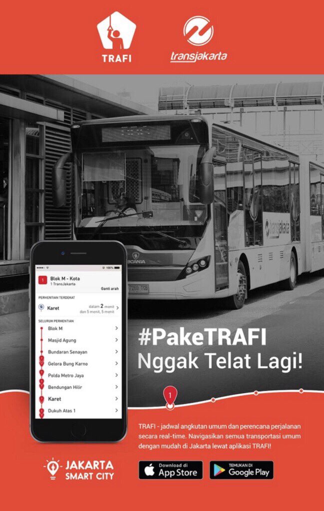 Download dan #pakeTRAFI sekarang untuk merencakan perjalanan Anda menggunakan angkutan umum di Jabodetabek! :)