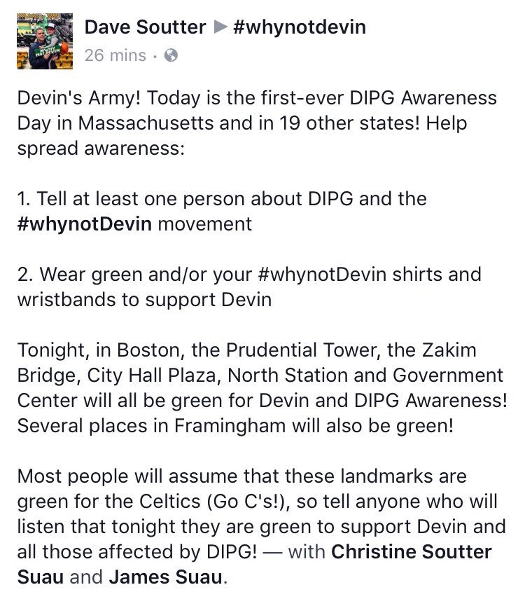 WhyNotDevinDIPG's tweet photo. Today is #DIPGAwarenessDay in MA and 19 other states! Here's how you can support Devin and spread awareness for DIPG today! #WhyNotDevin https://t.co/z49XaeUW2K