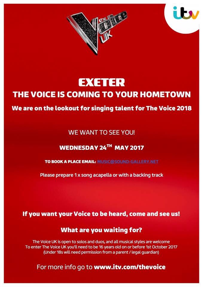 extunes's tweet photo. Auditions for ITV's The Voice are coming to Exeter next Wednesday! 

https://t.co/2W74B9JJcw https://t.co/x1zkmBWjKU