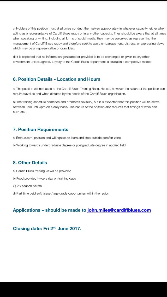 JMilesPT's tweet photo. OPPORTUNITY: Volunteer Sports Therapist / Physio @cardiff_blues - Proven record of developing / employment in regional pathway. RT. https://t.co/yXrbHtTSS0