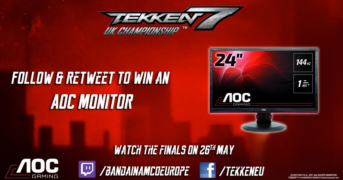 BandaiNamcoUK's tweet photo. We're celebrating the #T7UKCHAMPIONSHIP with a compeition! Follow us + #RT to win this 24" monitor from @AOC_Gaming! *UK ONLY* https://t.co/cVK6hp3wnf