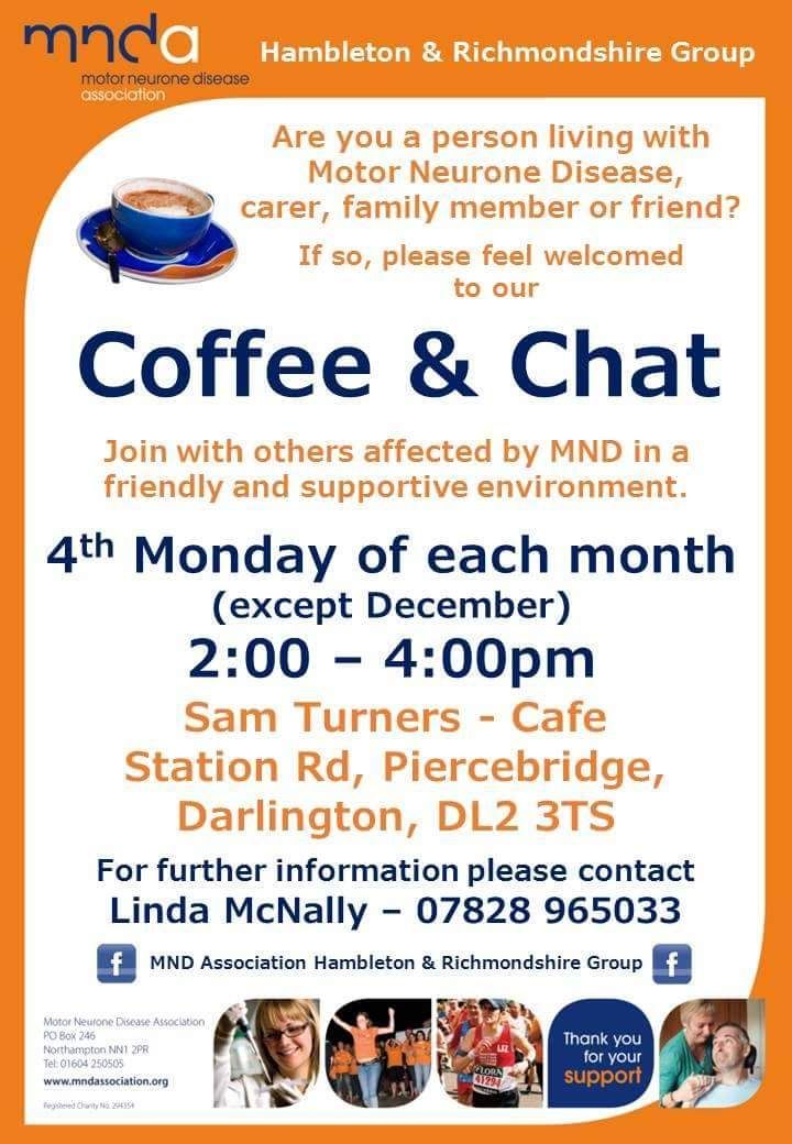 Your next Coffee &amp; Chat will be held on 22nd Monday at 2pm. Join us at Sam Turners Café in Darlington 😊 #MND