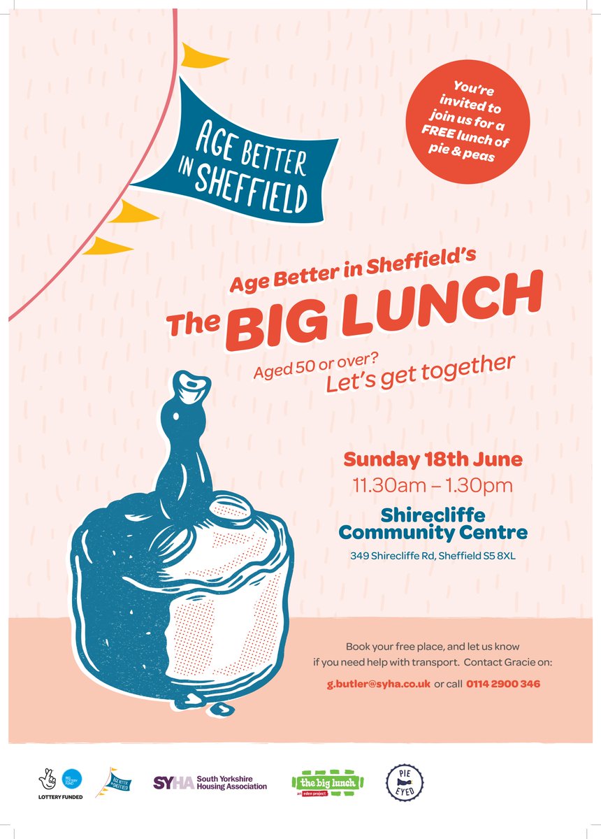 AgeFriendlyShef's tweet photo. We're hosting a Big Lunch of delicious Pie and Peas on 18th June! Over 50? You're invited! Just call 0114 2900 346 to book. Please retweet 😀 https://t.co/z8EK2KNODj