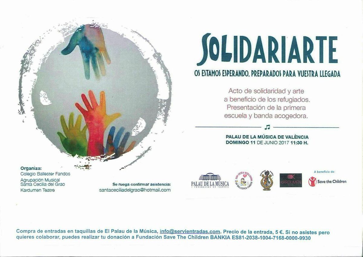 El pròxim diumenge 11 de juny a les 11.30h en el Palau de la Música la banda participarà en un acte en benefici del projecte 'Solidariarte'.