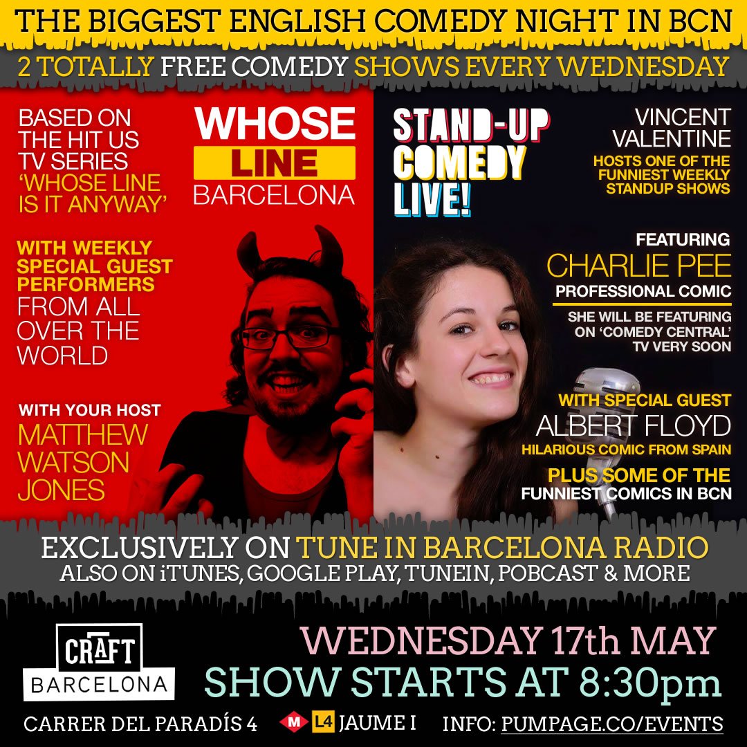 PobcastNetwork's tweet photo. Whose Line is it anyway is on this Wednesday at 8:30pm at Craft Barcelona. A weekly show with special funny people https://t.co/nwfTNNGriq https://t.co/msl6aX1pHb