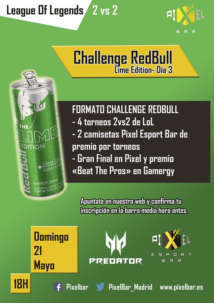 PixelBar_Madrid's tweet photo. Mañana #ChallengeRedBull - Torneo de @lol_spain 2vs2 con 2 camisetas @PixelEsport_Bar de premio
Inscripción: https://t.co/F50f0ykfj4 https://t.co/n66dKC1CsB