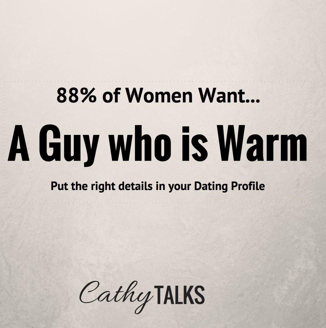 cathytalks2you's tweet photo. 88% of Women want a guy who is warm. See more at https://t.co/DV9E6TFOz9 #onlinedating #DatingAdvice #dating https://t.co/BWs3p96IPd