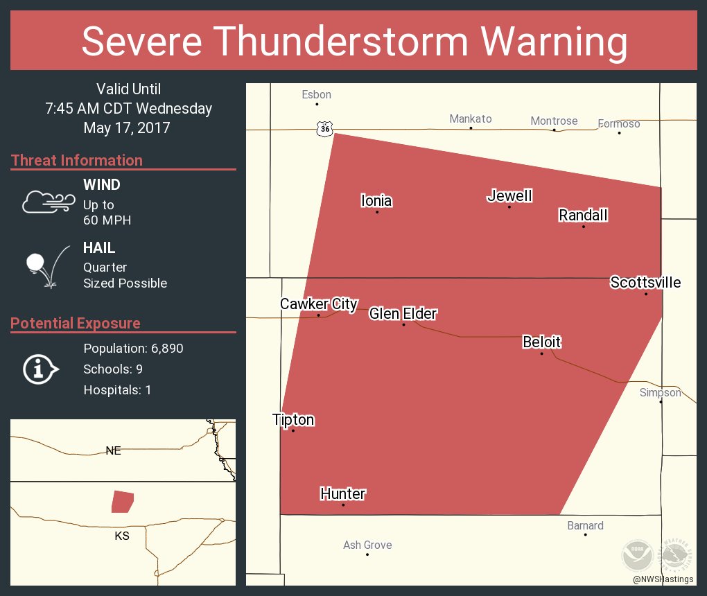 Severe Thunderstorm Warning including Beloit KS, Cawker City KS, Glen
