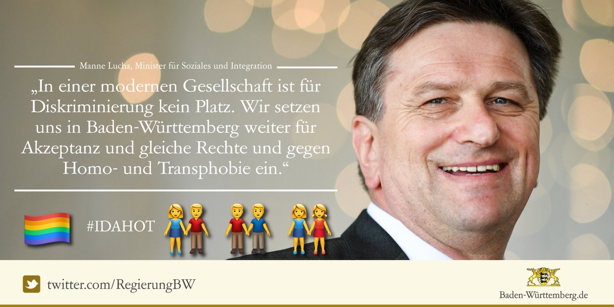 RegierungBW's tweet photo. Wir stehen für weltoffenes &amp; tolerantes #BaWü, in dem Homo- &amp; Transphobie keinen Platz haben 💑👩‍❤️��👩👨‍❤️‍👨 #IDAHOT https://t.co/RDh1oxg0hw https://t.co/AdQ4td9xxO