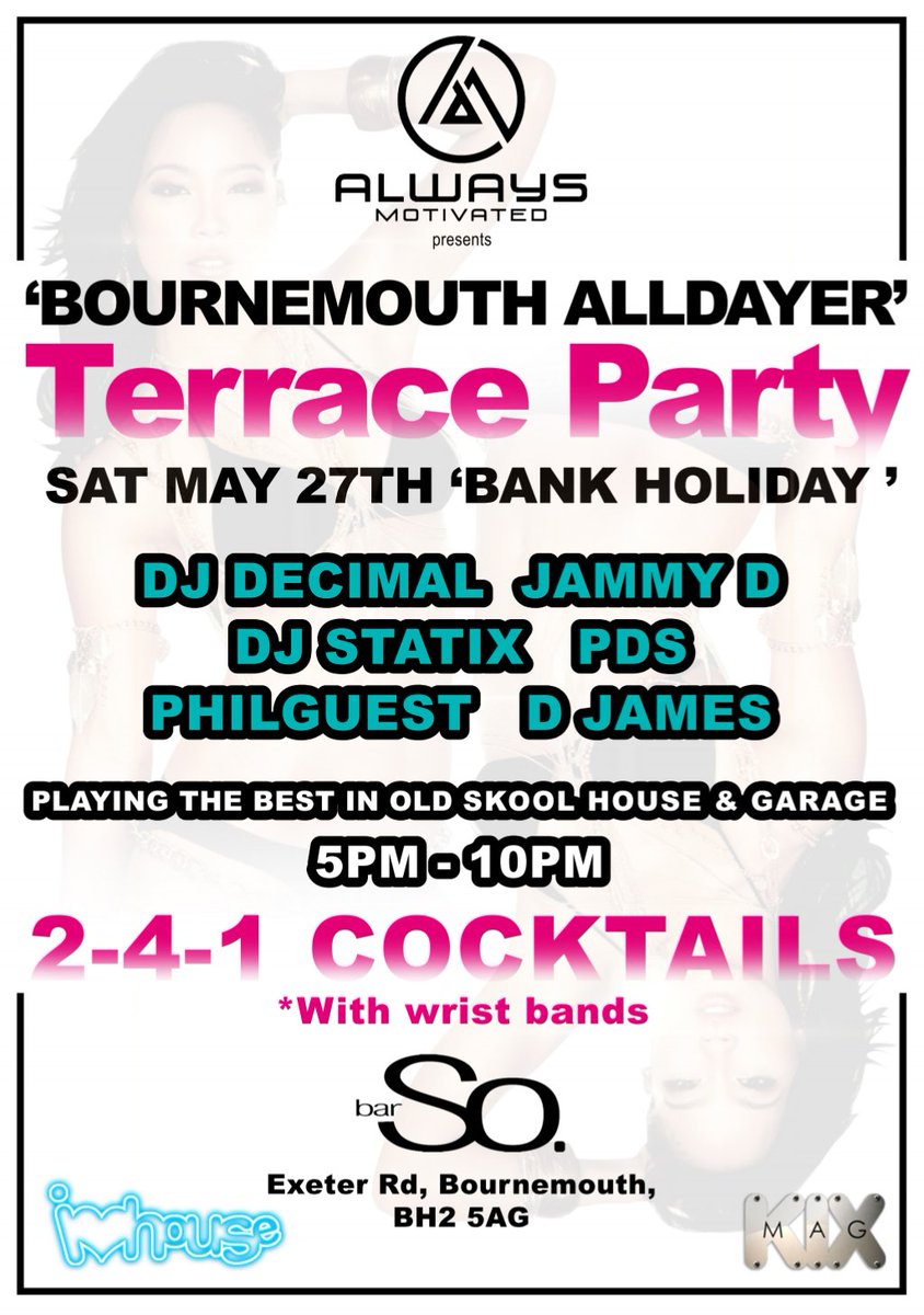 UKGTIOS's tweet photo. Bournemouth Alldayer Terrace Party @Bar_So Sat May 27th. 5pm- 10pm #BankHolidayVibes https://t.co/KZHxMEfXCR https://t.co/xVJdNxZ1Zy
