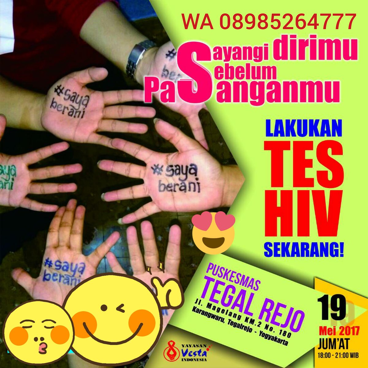 PSJ_Community's tweet photo. Ayok segera ketahui status HIV mu.
Ikuti Test HIV 💯% GRATIS 👍
 Jumat,  19 Mei 2017
More Info
📲 WA 08985264777
📰 IG @AndraBellagio https://t.co/np22xyZy38
